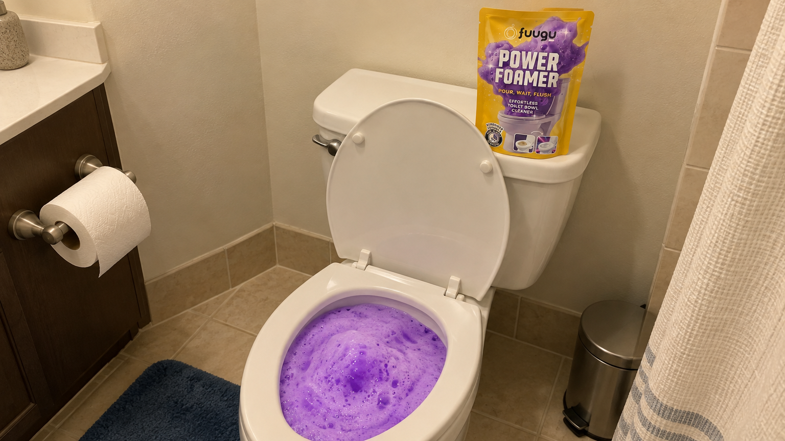 Pümpel, Rohrspirale, Toilettenbürste und Gelreiniger auf einem Haufen neben einer Toilette im Bad