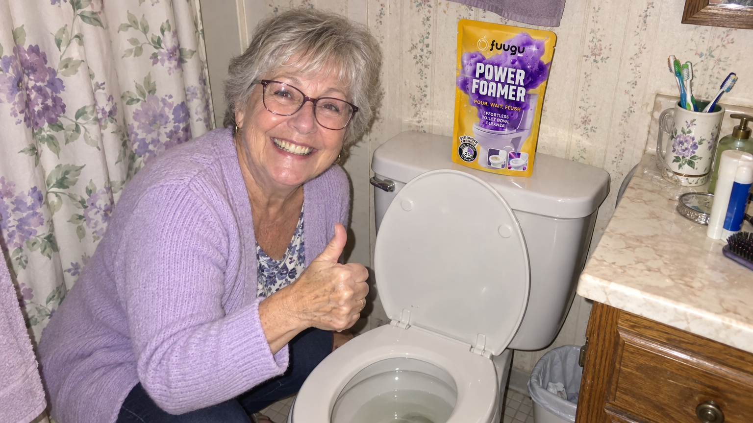 Violetter Fuugu-Schaum steigt in einer Toilettenschüssel auf, der Fuugu-Beutel liegt auf dem Spülkastendeckel